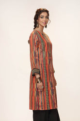 Embroidered Lines in Multi coloured Slub Khadder Print fabric 2